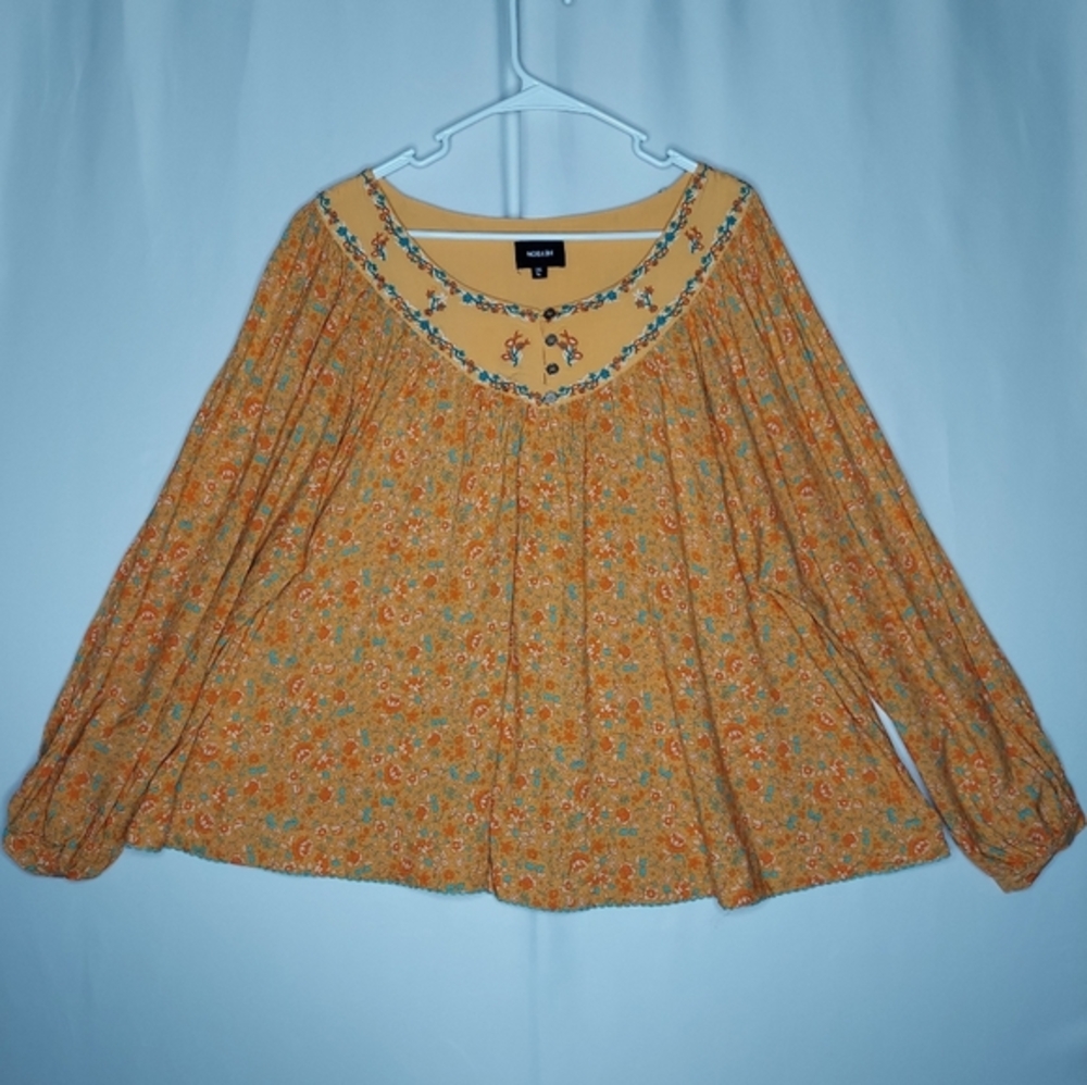 Heyson Top Womens Large Orange Ditsy Floral Long Sleeve Boho Peasant Embroidered
